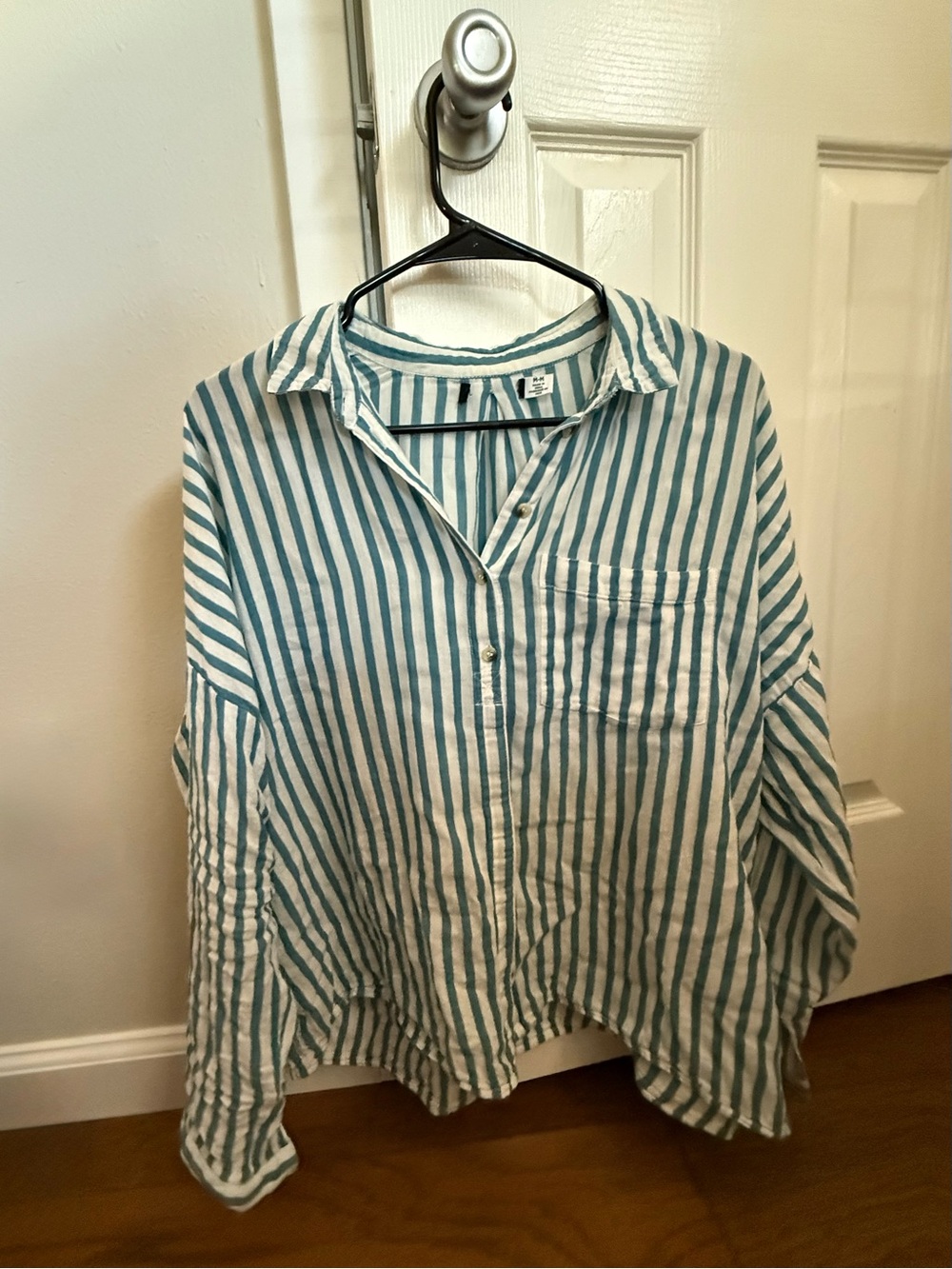 Women’s Blue and White Striped Button-Down Shirt
